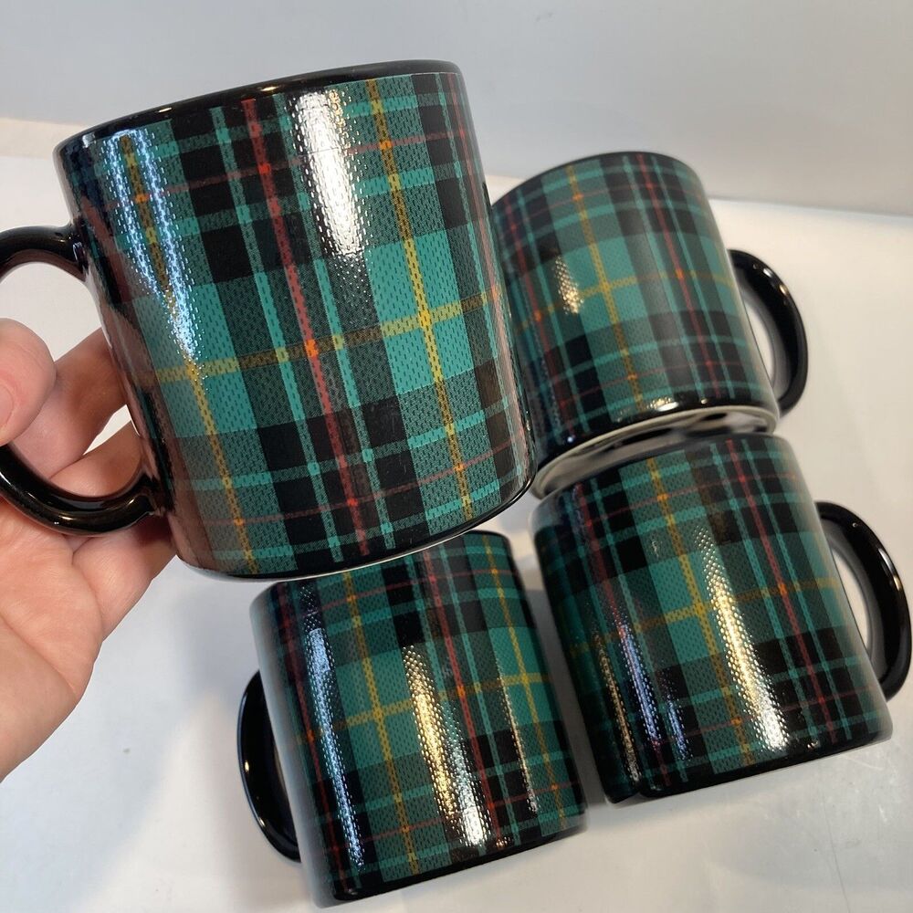 4 Pier 1 Mugs Tartan Plaid Green Black EUC Coffee Tea Mug Stoneware Japan 12oz